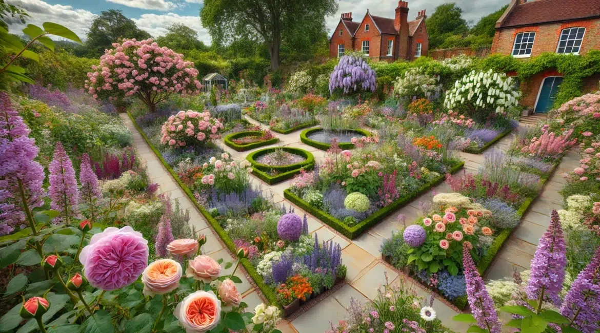 Landscaping Trends 2024 1 A beautiful New Victorian Garden in Eltham featuring traditional English country flowers such as roses lilacs hydrangeas and hollyhocks. The garden