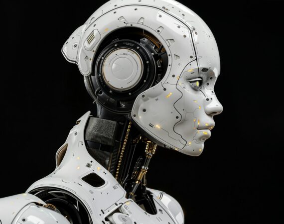 A white robot is standing in front of a black background