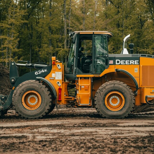 a tractor is parked in the dirt near a pile of dirt